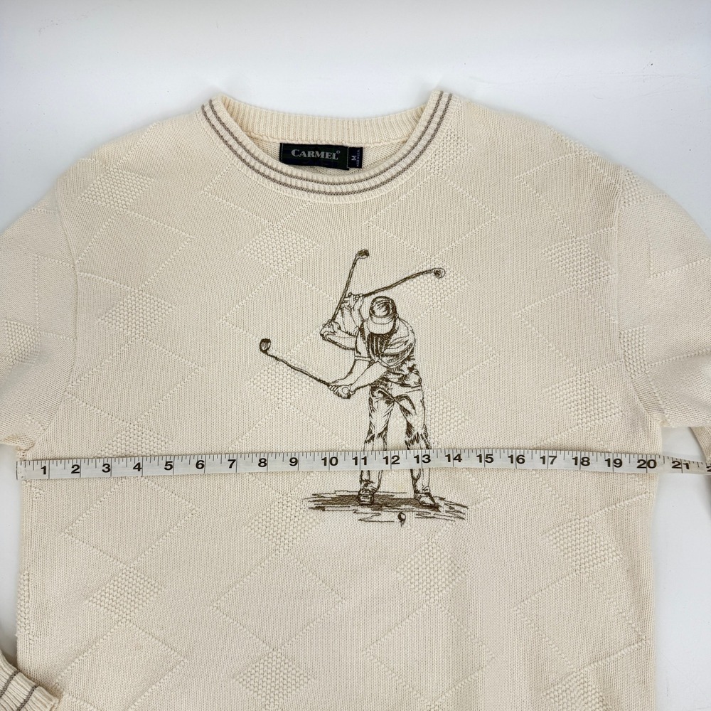 Vintage Carmel 90s Cream Embroidered Golf Golfer Pullover Sweater Sz M USA Made - Picture 8 of 9